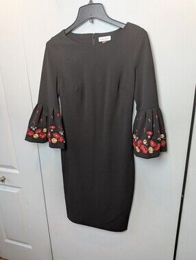 CALVIN KLEIN Dress Women 3/4 Sleeves Floral Black Size 4 Back Zip Office Classic